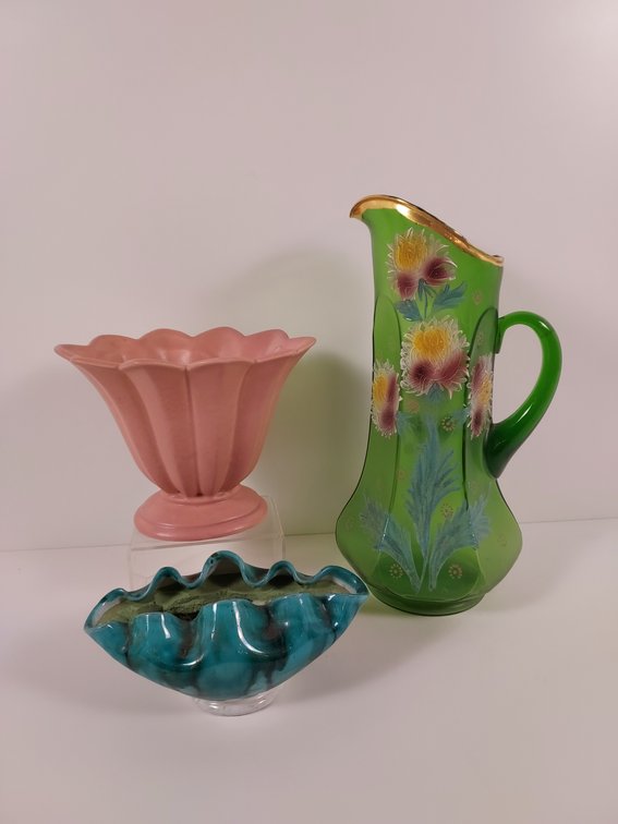 Glass Pitcher and Pottery Planters