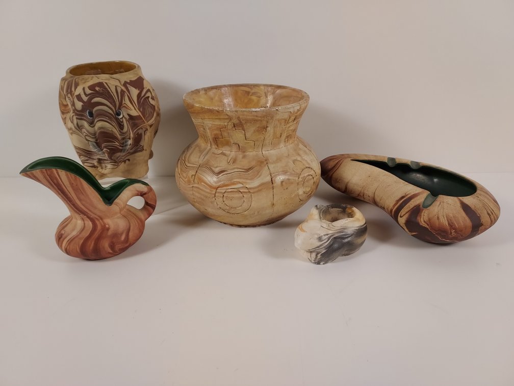 4 Marbled Finish Art Pottery Pieces