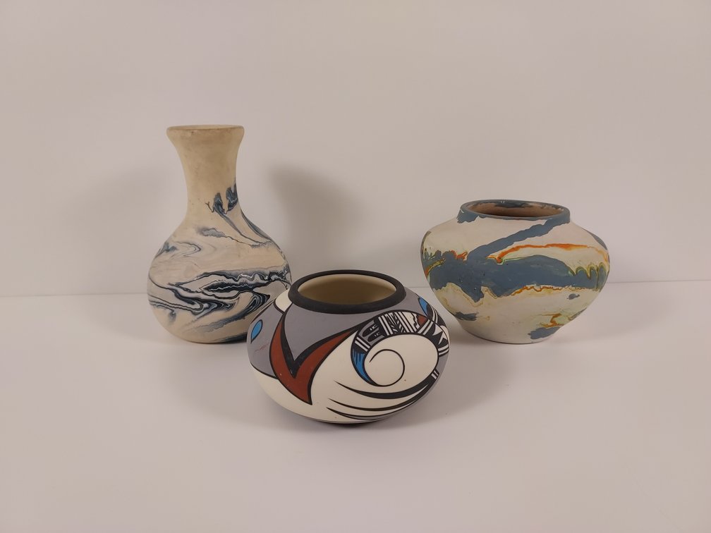 2 Nemadji Pottery Pieces & Hopi Bird Pot