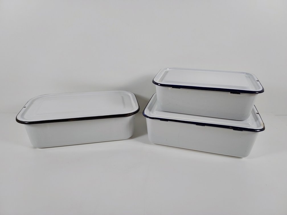 3 Enamelware Refrigerator Pans w/ Lids