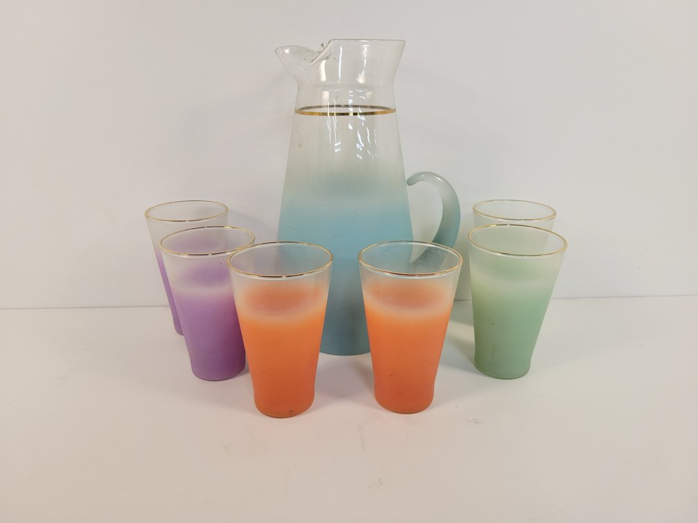 Mid-Century Virginia Blendo Frosted Pitcher and (6) Tumblers