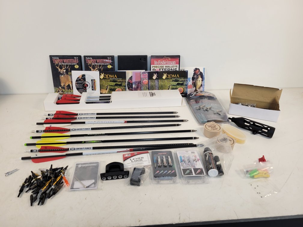 (14) Crossbow Arrows, Broadheads, Lighted Nocks, Scents, DVDs and More