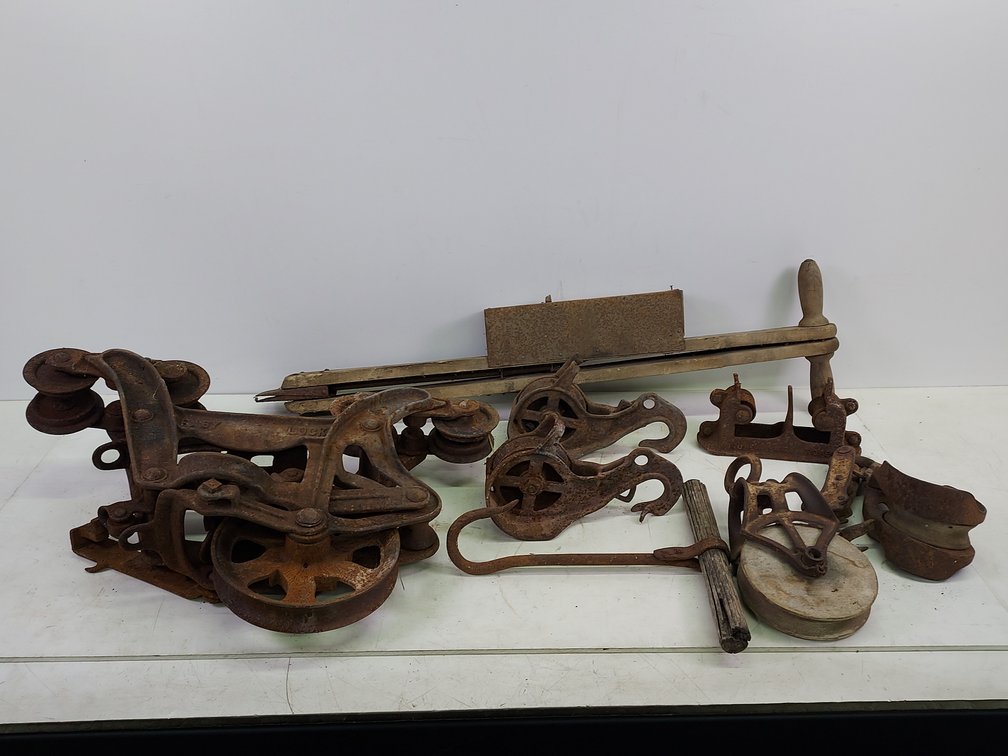 Vintage Cast Iron Pulleys, Hook, and Seeder