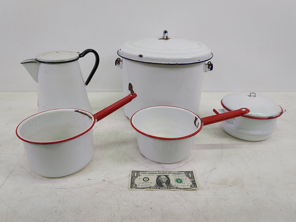 (7) Vintage White Enamelware Pots, Pans & More