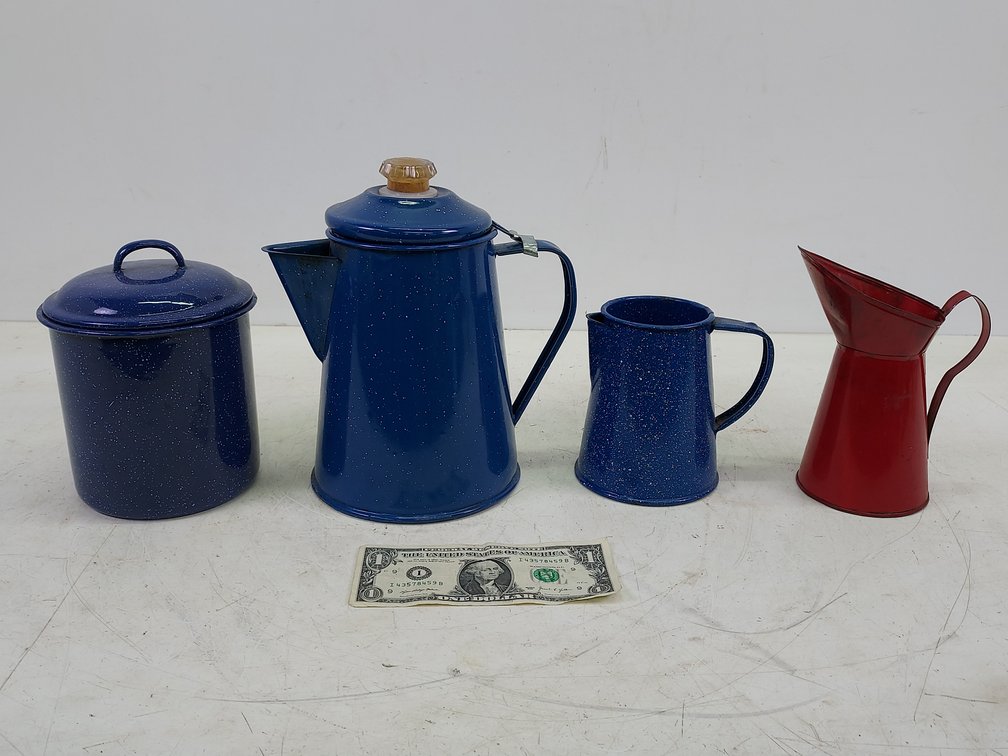 (4) Blue Speckled Enamelware Pieces & More
