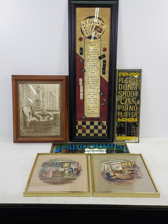 (6) Framed Bar Mirrors, Lithographs & More