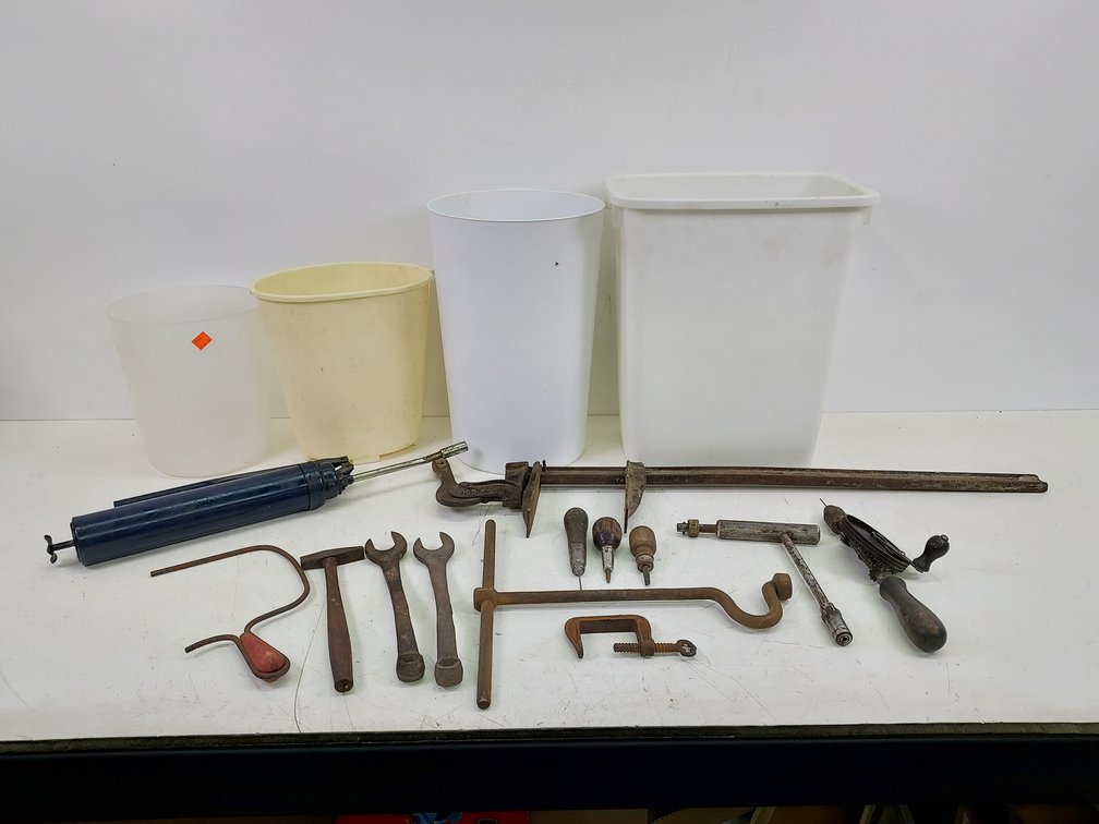 Vintage Tools & (4) Small Garbage Cans