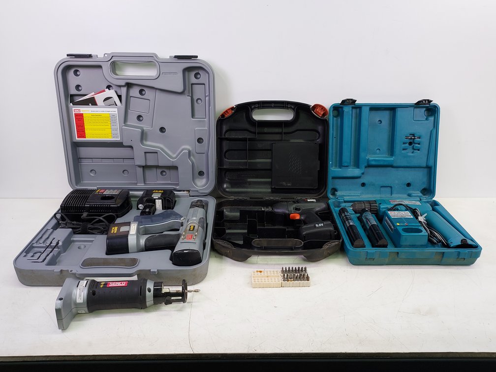Senco Screw Gun, Makita Drill, and Black & Decker Drill