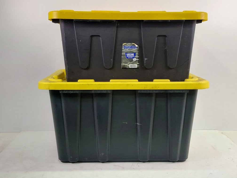 (2) Plastic Totes With Lids (27 & 15 Gallon)