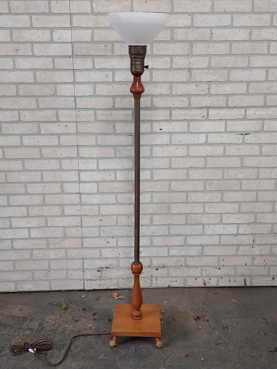 Steel & Wood Floor Lamp with Milk Glass Shade
