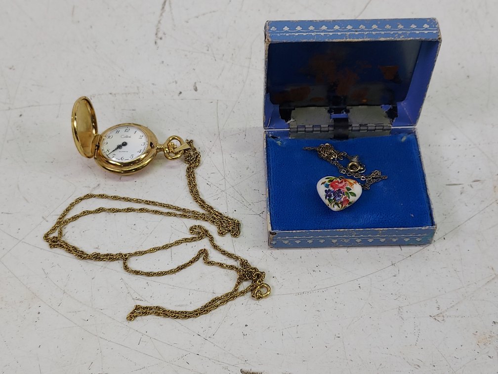 Vintage Floral Heart Necklace & Colibri Pocket Watch