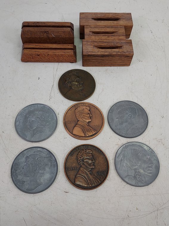 Vintage Bronze 1924 Lincoln Essay Medal & (6) 3" Novelty Coins