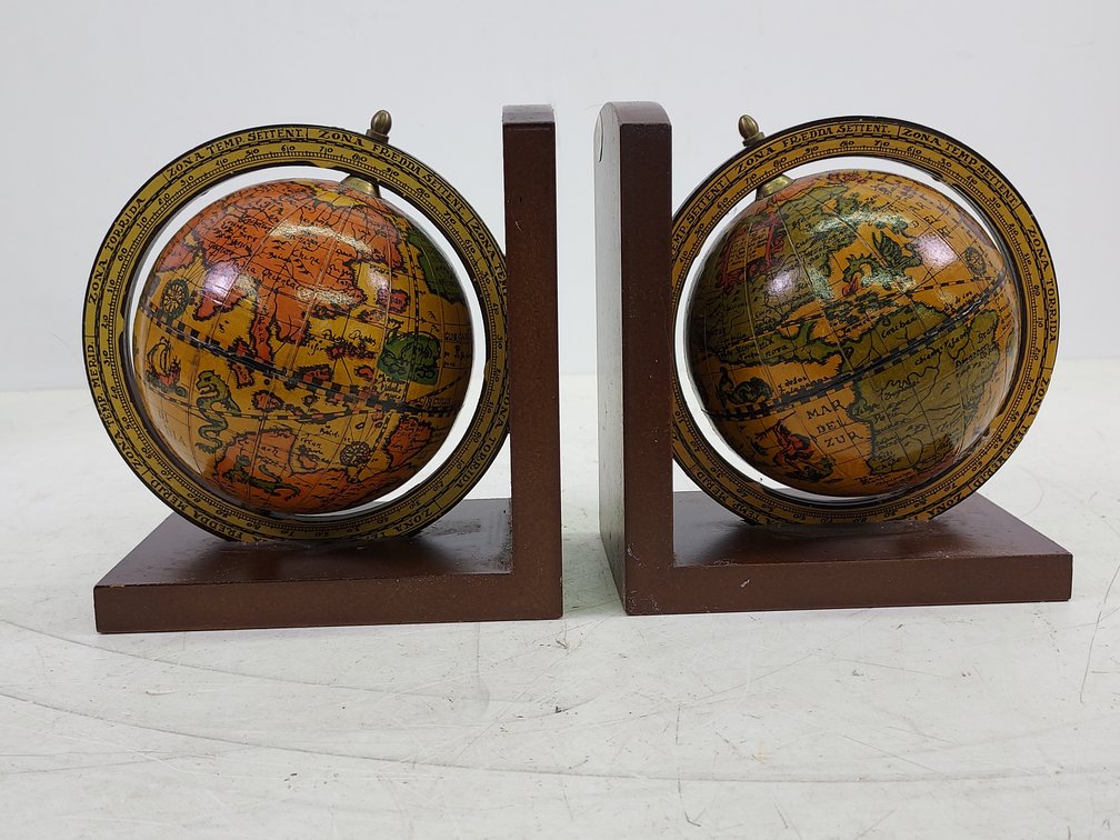 Vintage Wood World Globe Bookends