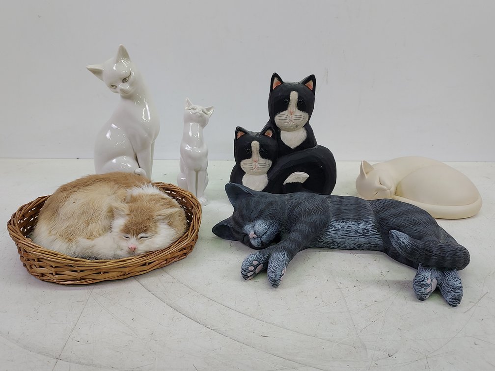 (6) Various Ceramic, Wood, Plush Cats
