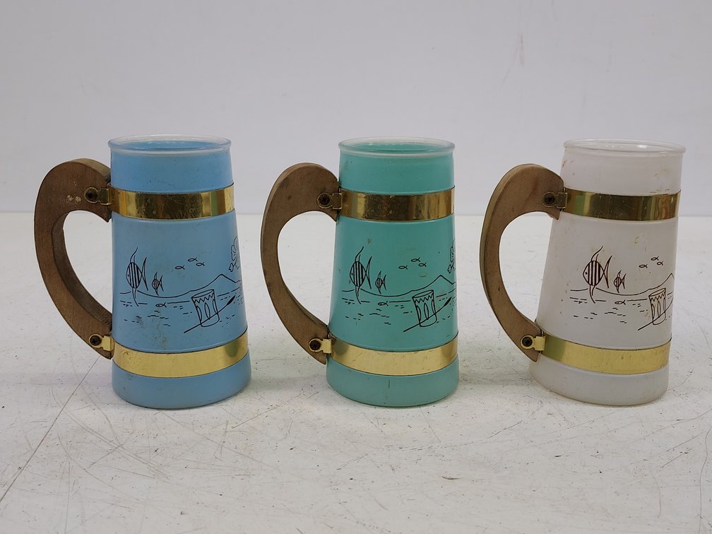 (3) Vintage Siesta Ware Frosted Glass Mugs with Wood Handle