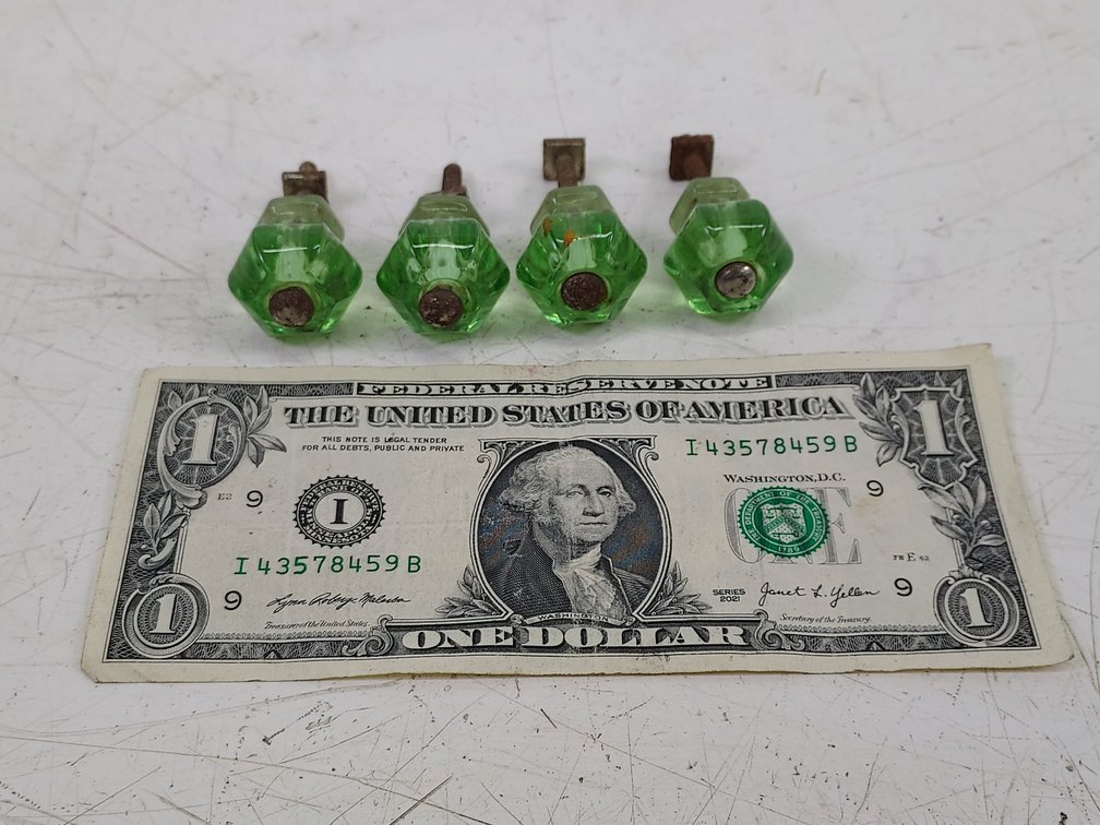 (4) Vintage Green Glass Drawer Knobs