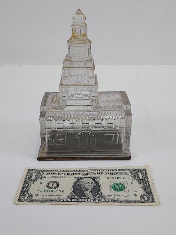 Vintage Independence Hall Glass Coin Bank & Candy Container