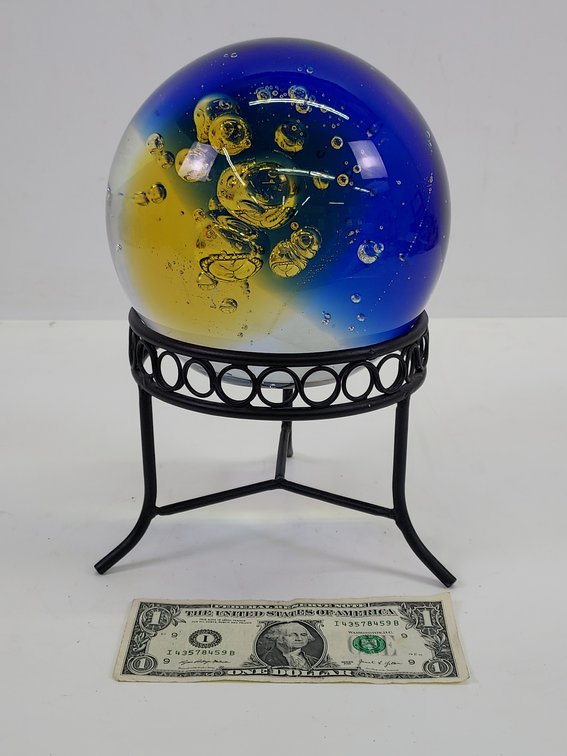 Vintage Murano Blue & Amber Controlled Bubble Art Glass Paperweight