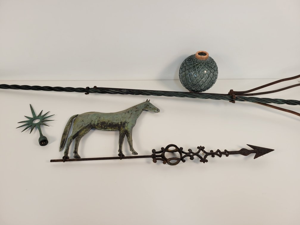Antique Copper Horse Weathervane, Green Quilted Lightning Ball, Rod and "Star" Topper