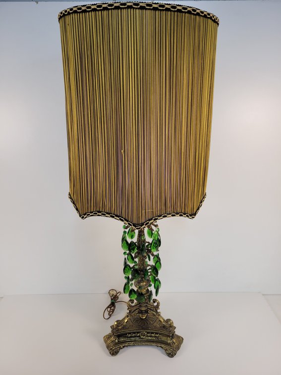 Mid-Century "Hollywood Regency" Brass Table Lamp with Green "Crystals"