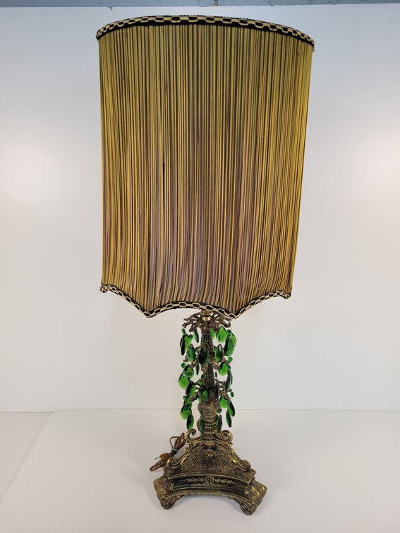 Mid-Century "Hollywood Regency" Brass Table Lamp with Green "Crystals"