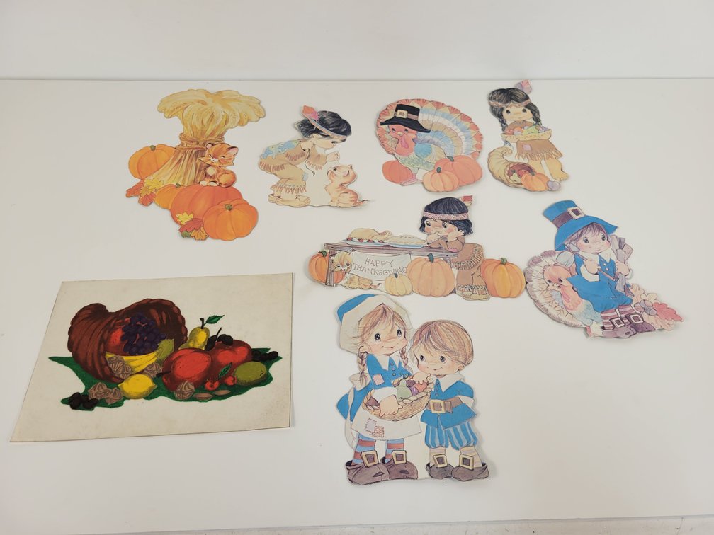 (7) Vintage Thanksgiving Paperboard Diecut Decorations and Felt Cornucopia Art