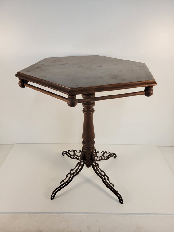 Antique Wood & Cast Iron Hexagon Parlor Table