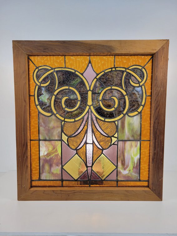 Vintage Stained Glass Window with Slag Glass Panels