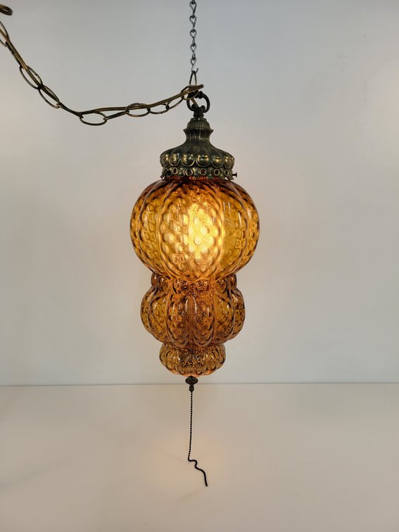 Mid-Century Amber Glass Hanging Swag lamp