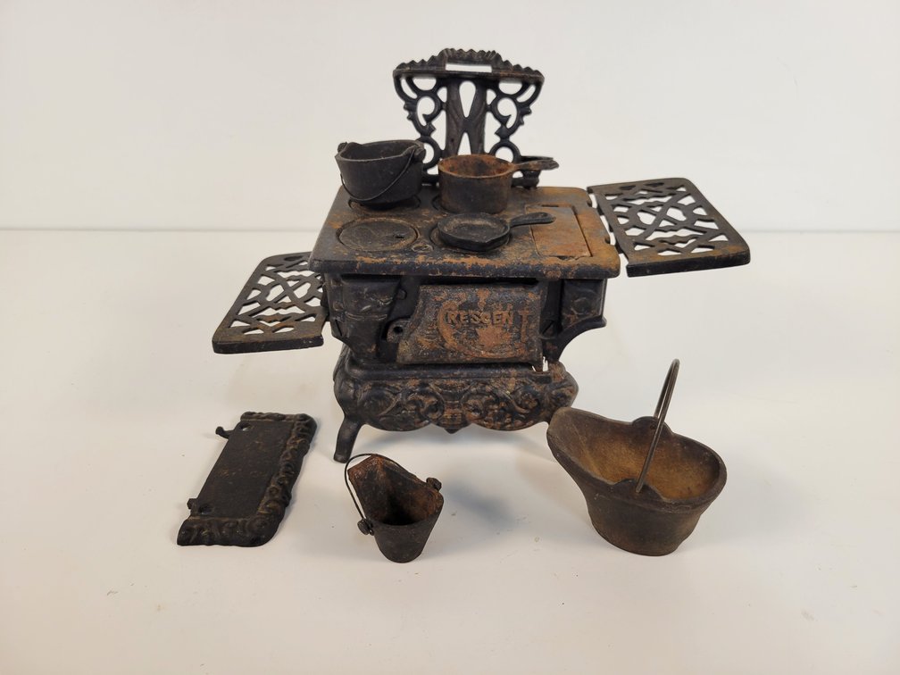 Crescent Cast Iron Toy Stove with Pans and Coal Buckets