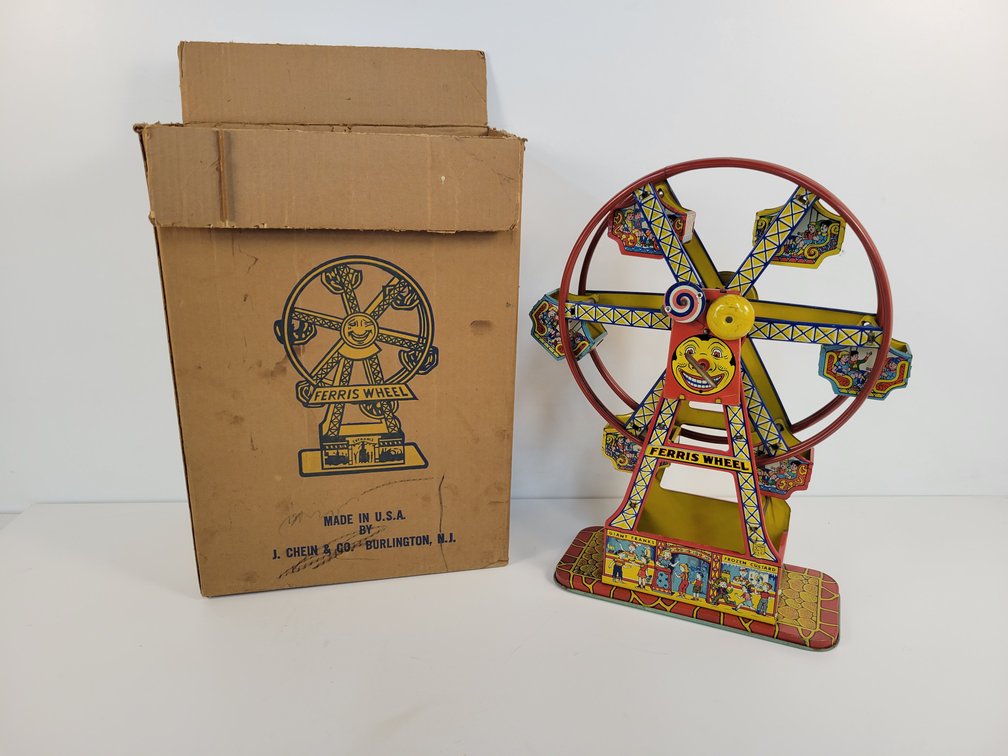 J. Chein Tin Lithograph Wind-Up Ferris Wheel Toy with Original Box