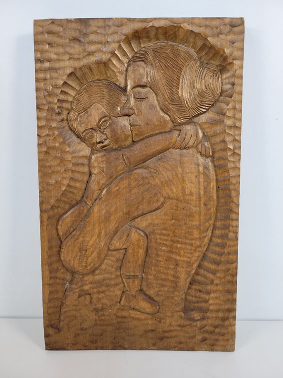 Hand-Carved "Mother & Child" Wood Plaque