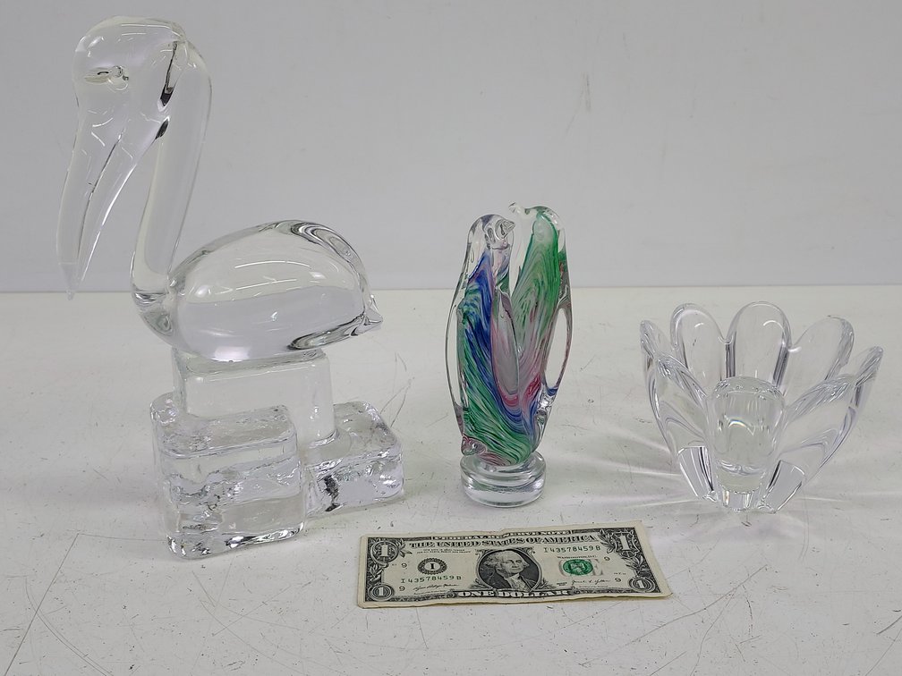 Crystal Petal Bowl & (2) Vintage Murano Pieces