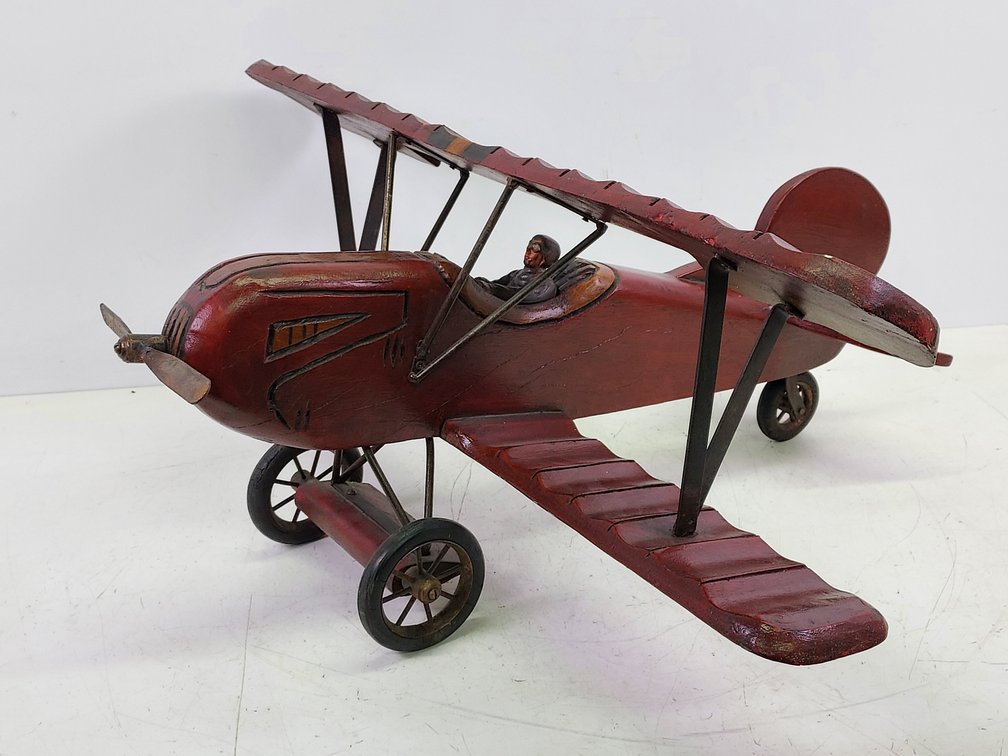 Large Vintage Handmade Wood Red Bi-Plane