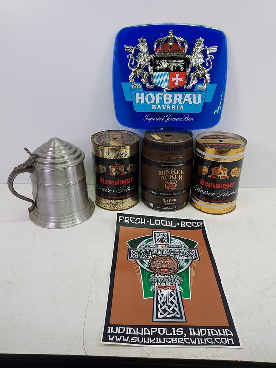 (3) 5 Liter Empty German Beer Kegs, Hofbrau Sign & More