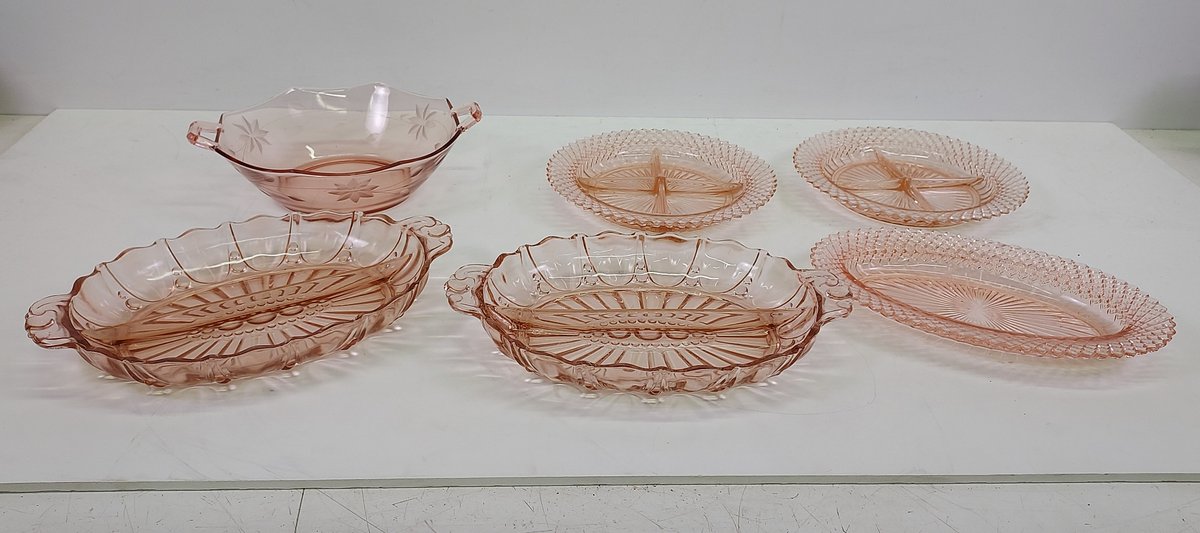 (6) Vintage Pink Depression Glass Serving Dishes