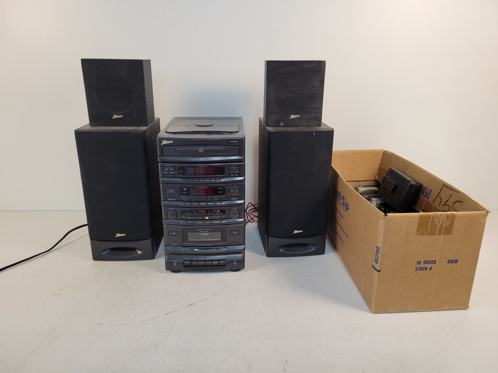 Zenith 7-Disc CD Changer Stereo System and Box of Cassette Tapes