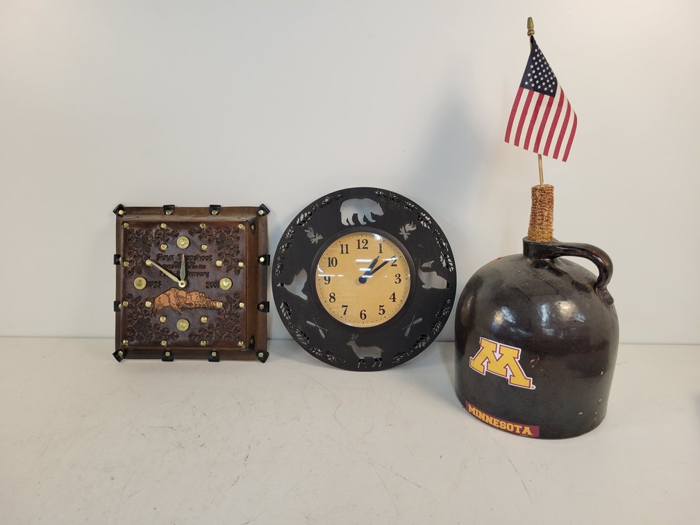 2-Gallon Stoneware Crock and (2) Clocks