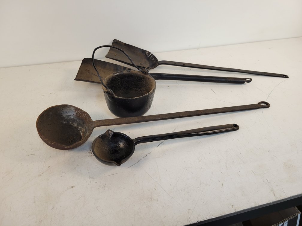 Cast Iron Lead Pot, (2) Ladles and (2) Coal Shovels