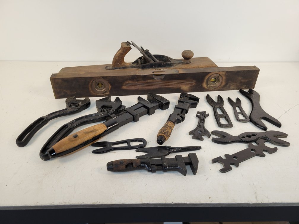 Keen Kutter 28" Wood Level, Plane and Antique Wrenches