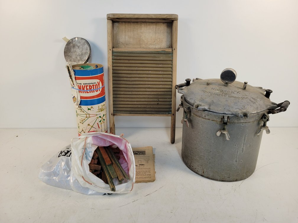 Antique Brass Washboard, Pressure Cooker and Toys