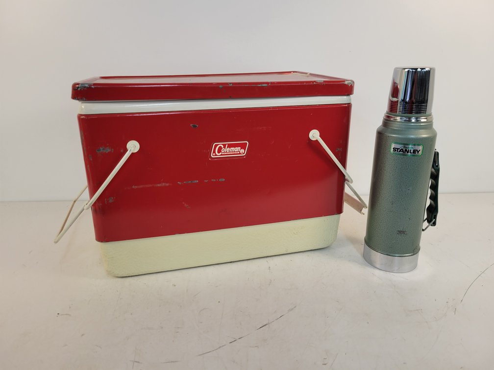 Metal Coleman Chest Cooler and Stanley Thermos