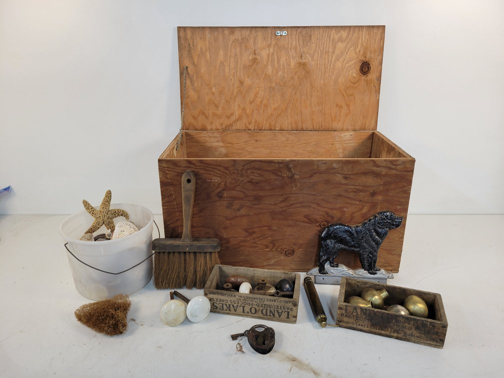 Porcelain Doorknobs, Antique Padlock with Key, Wood Chest and More