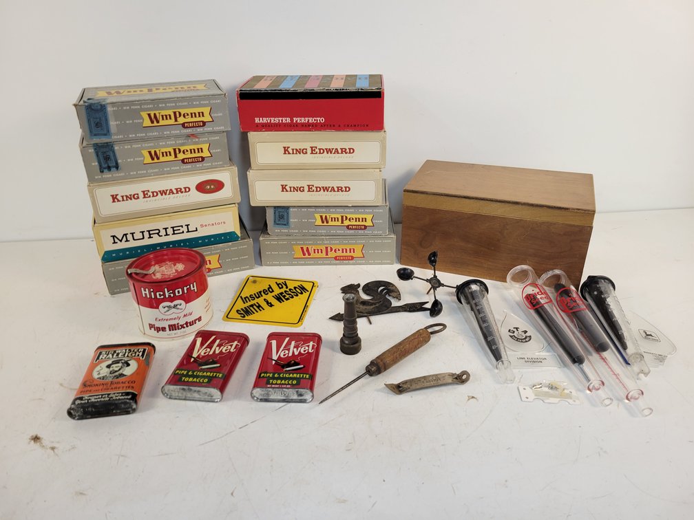 (10) Cigar Boxes, Coca-Cola Ice Pick, Tobacco Tins, Seed rain Gauges and More