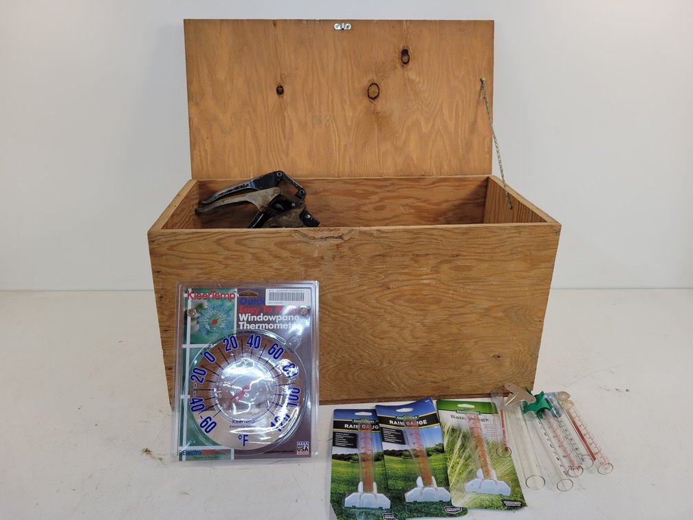 Wood Chest, Grease Guns, Rain Gauges and More