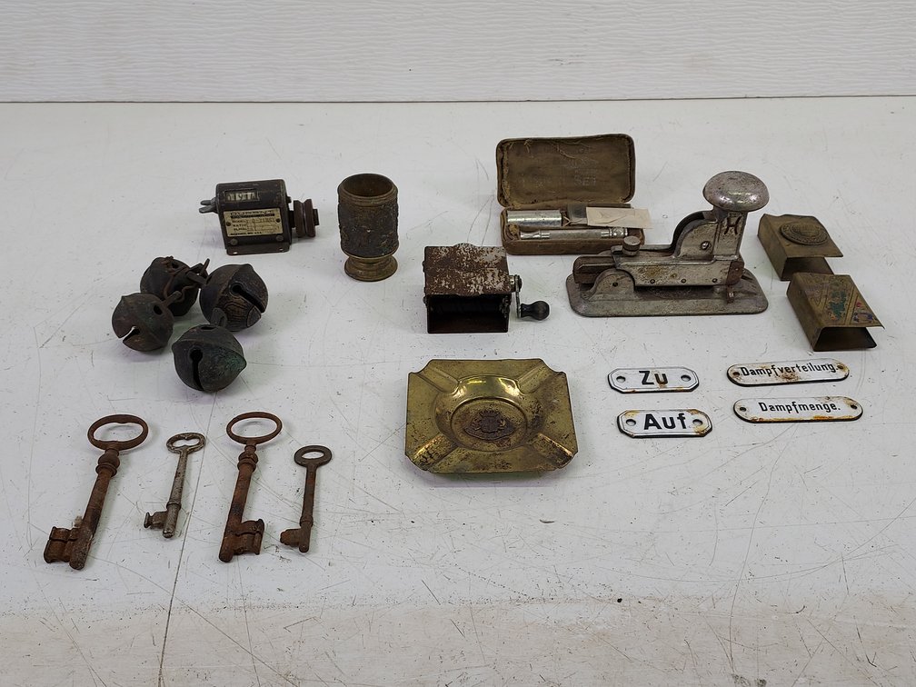 Vintage Items Lot (Brass Bells, Stapler, Tags & More)