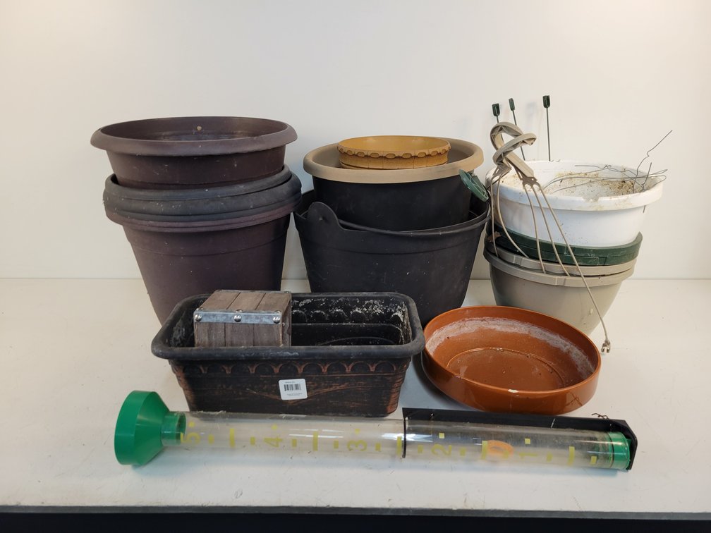 Plastic Flower Pots and Rain Gauge