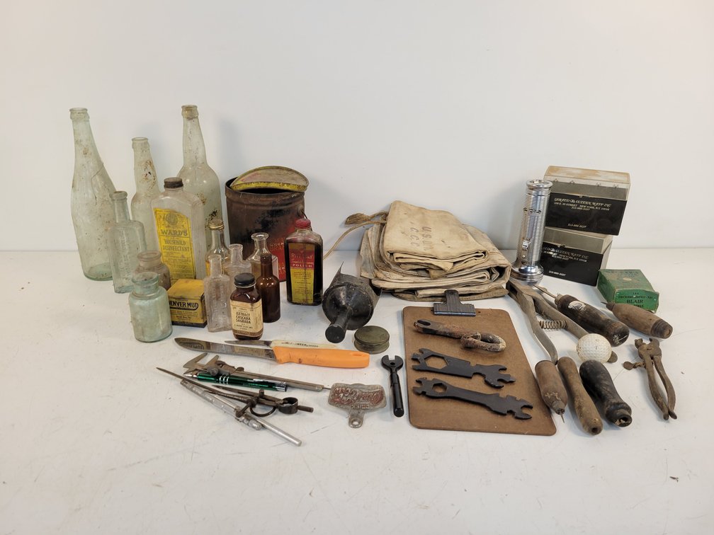 Antique Bottles, Canvas Bags, Scoop, Pioneer Knives, and More