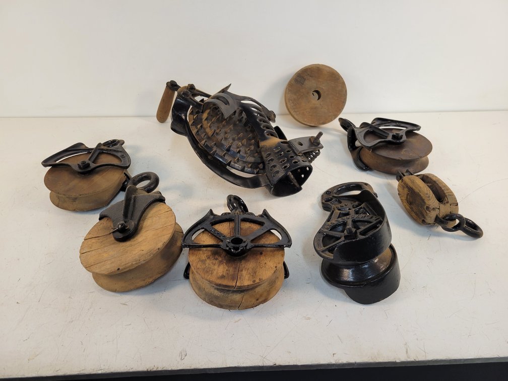 Antique A.H. Patch Corn Sheller & (6) Antique Pulleys