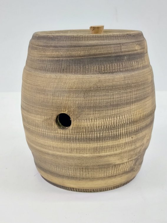 Vintage Brown Ribbed Stoneware Barrel Keg